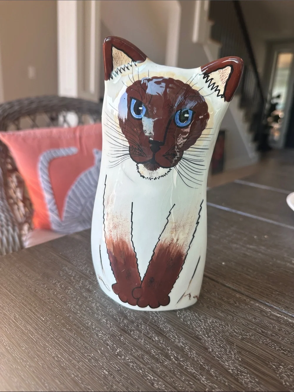 Handpainted Ceramic Cat Vase Figurine in Cream and Brown